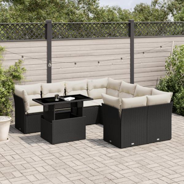 ARDEBO.de - 9-tlg. Garten-Sofagarnitur mit Kissen Schwarz Poly Rattan