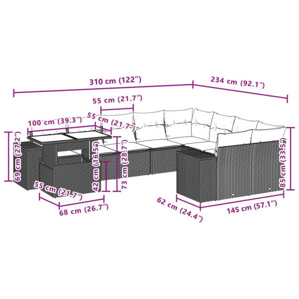 10-tlg. Garten-Sofagarnitur mit Kissen Schwarz Poly Rattan