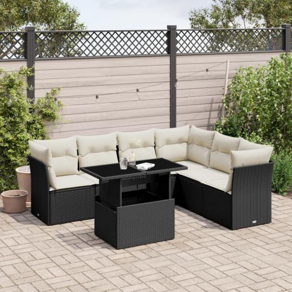 ARDEBO.de - 7-tlg. Garten-Sofagarnitur mit Kissen Schwarz Poly Rattan