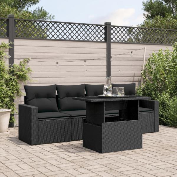 ARDEBO.de - 5-tlg. Garten-Sofagarnitur mit Kissen Schwarz Poly Rattan