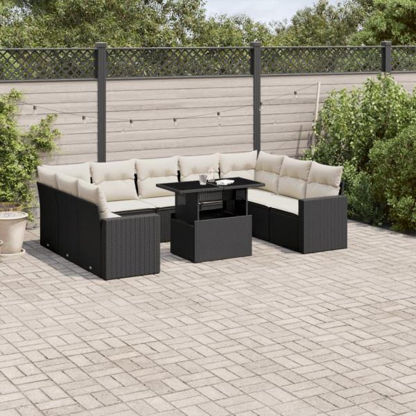 ARDEBO.de - 10-tlg. Garten-Sofagarnitur mit Kissen Schwarz Poly Rattan