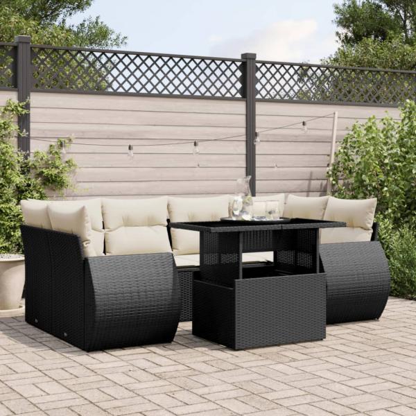 ARDEBO.de - 7-tlg. Garten-Sofagarnitur mit Kissen Schwarz Poly Rattan