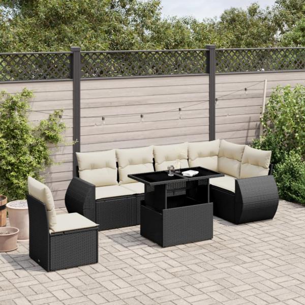 ARDEBO.de - 7-tlg. Garten-Sofagarnitur mit Kissen Schwarz Poly Rattan