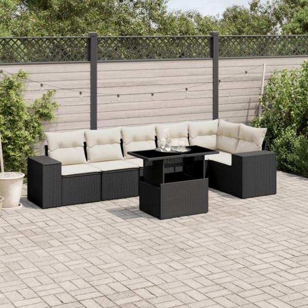 ARDEBO.de - 7-tlg. Garten-Sofagarnitur mit Kissen Schwarz Poly Rattan