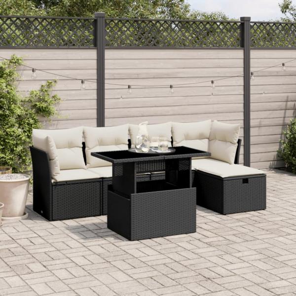 ARDEBO.de - 6-tlg. Garten-Sofagarnitur mit Kissen Schwarz Poly Rattan