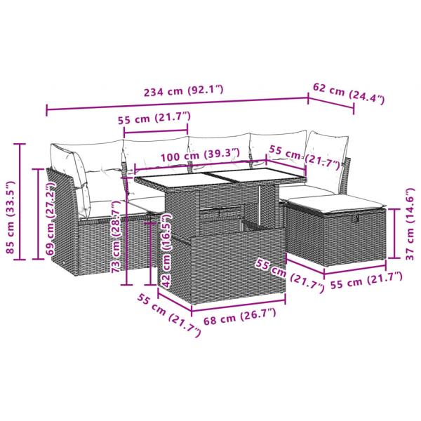 6-tlg. Garten-Sofagarnitur mit Kissen Schwarz Poly Rattan