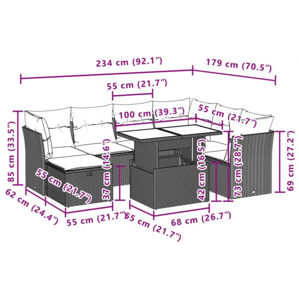 8-tlg. Garten-Sofagarnitur mit Kissen Schwarz Poly Rattan