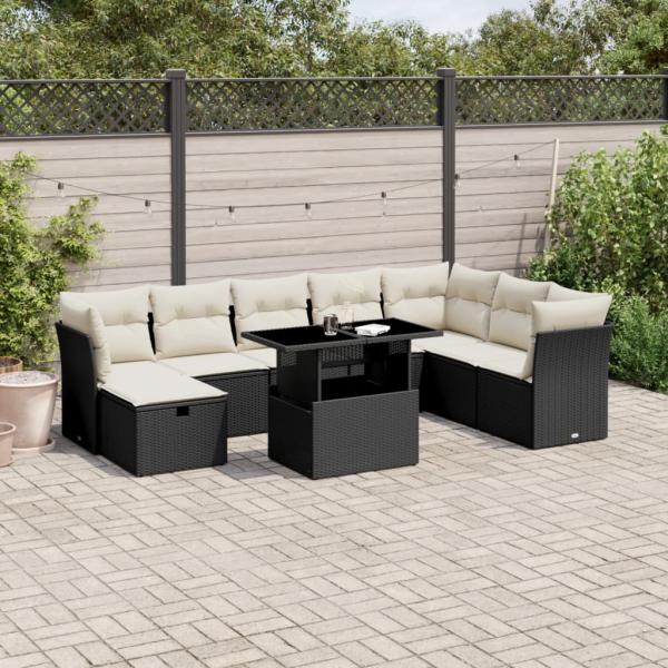 ARDEBO.de - 9-tlg. Garten-Sofagarnitur mit Kissen Schwarz Poly Rattan