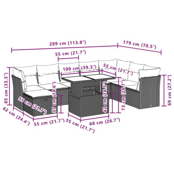 9-tlg. Garten-Sofagarnitur mit Kissen Schwarz Poly Rattan