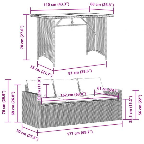 2-tlg. Garten-Essgruppe mit Kissen Grau Poly Rattan