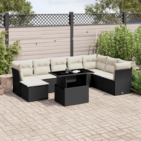 ARDEBO.de - 9-tlg. Garten-Sofagarnitur mit Kissen Schwarz Poly Rattan