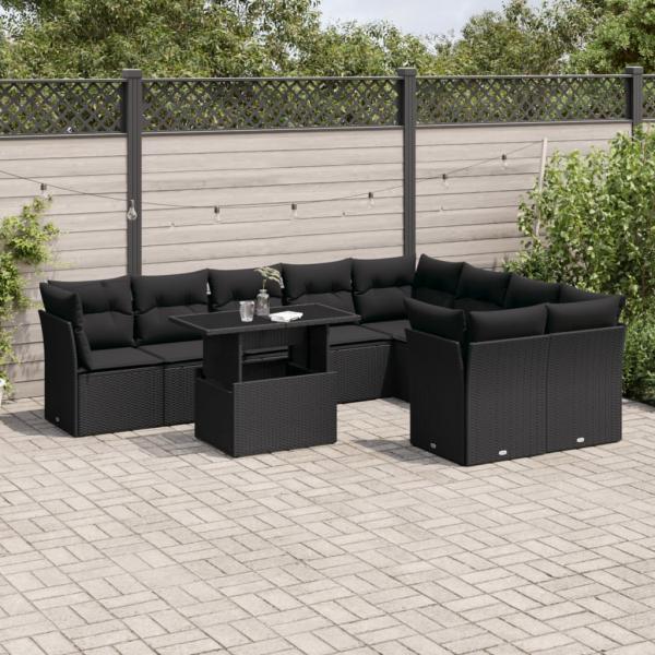 ARDEBO.de - 10-tlg. Garten-Sofagarnitur mit Kissen Schwarz Poly Rattan