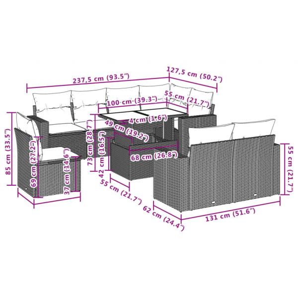 9-tlg. Garten-Sofagarnitur mit Kissen Schwarz Poly Rattan