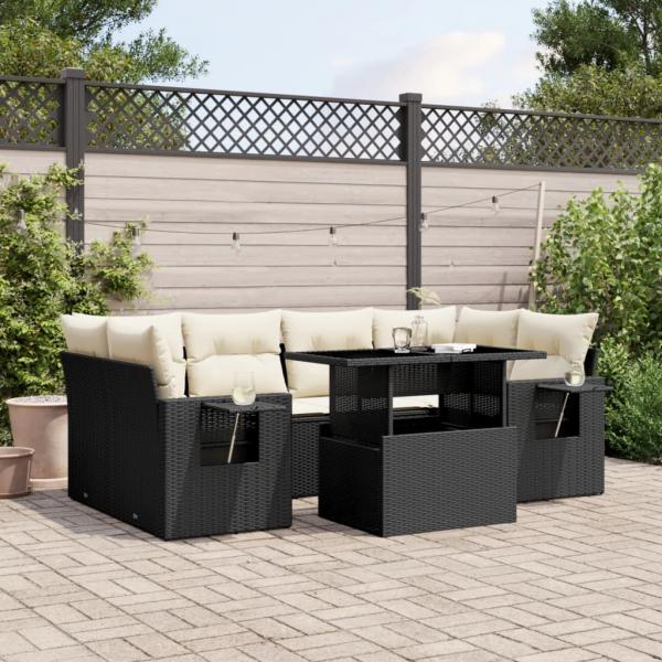 ARDEBO.de - 7-tlg. Garten-Sofagarnitur mit Kissen Schwarz Poly Rattan