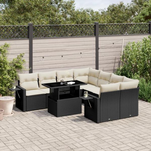 ARDEBO.de - 9-tlg. Garten-Sofagarnitur mit Kissen Schwarz Poly Rattan