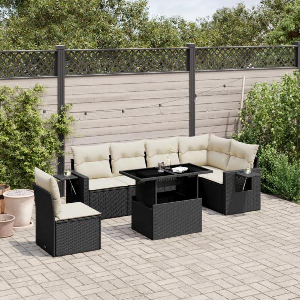 ARDEBO.de - 7-tlg. Garten-Sofagarnitur mit Kissen Schwarz Poly Rattan