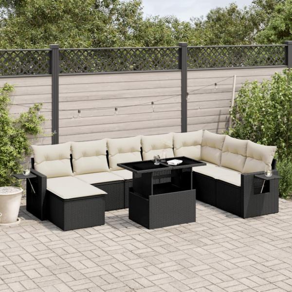 ARDEBO.de - 8-tlg. Garten-Sofagarnitur mit Kissen Schwarz Poly Rattan