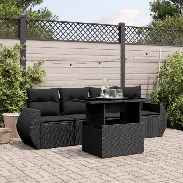 ARDEBO.de - 5-tlg. Garten-Sofagarnitur mit Kissen Schwarz Poly Rattan