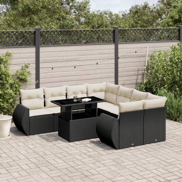 ARDEBO.de - 9-tlg. Garten-Sofagarnitur mit Kissen Schwarz Poly Rattan