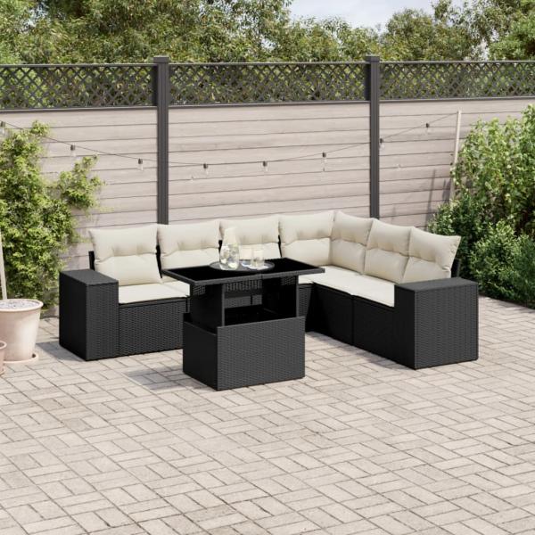 ARDEBO.de - 7-tlg. Garten-Sofagarnitur mit Kissen Schwarz Poly Rattan