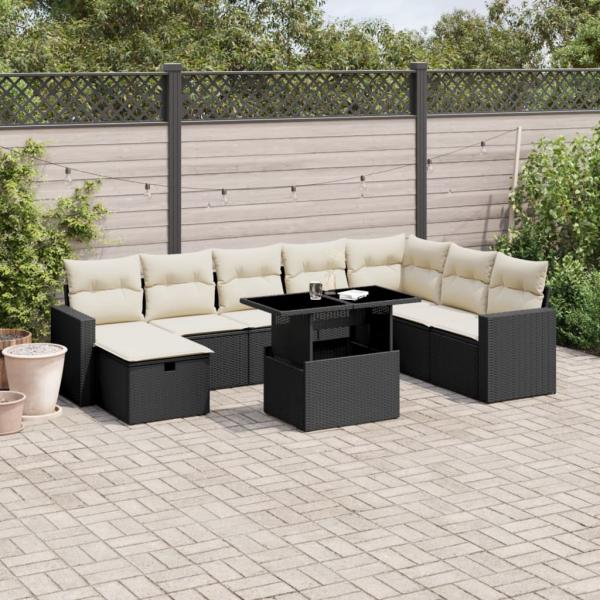 ARDEBO.de - 9-tlg. Garten-Sofagarnitur mit Kissen Schwarz Poly Rattan