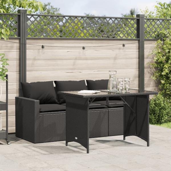 ARDEBO.de - 2-tlg. Garten-Essgruppe mit Kissen Schwarz Poly Rattan