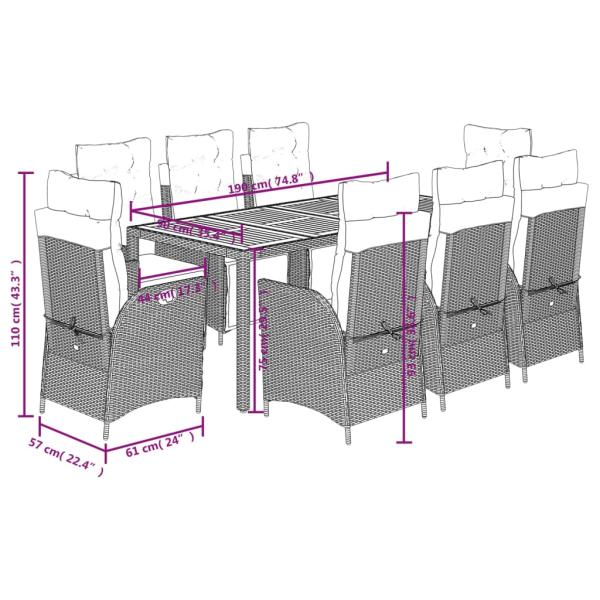 9-tlg. Garten-Essgruppe mit Kissen Grau Poly Rattan