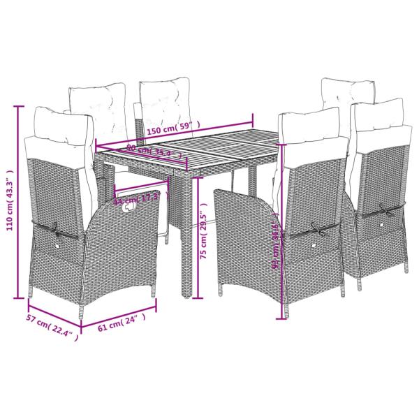 7-tlg. Garten-Essgruppe mit Kissen Grau Poly Rattan