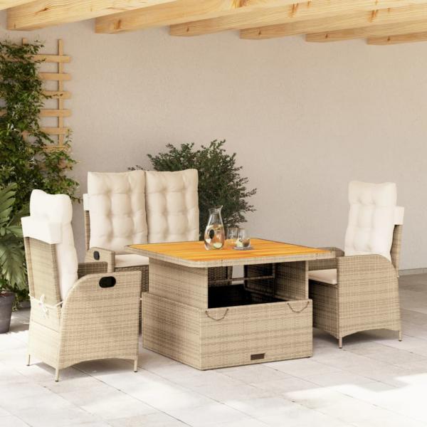 ARDEBO.de - 4-tlg. Garten-Essgruppe mit Kissen Beige Poly Rattan