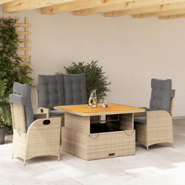 ARDEBO.de - 4-tlg. Garten-Essgruppe mit Kissen Beige Poly Rattan