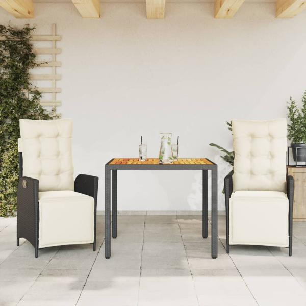 ARDEBO.de - 3-tlg. Garten-Essgruppe mit Kissen Schwarz Poly Rattan