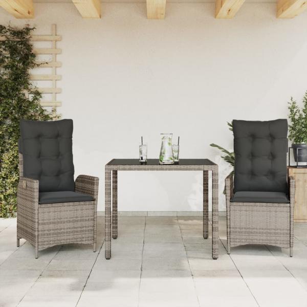 ARDEBO.de - 3-tlg. Garten-Essgruppe mit Kissen Grau Poly Rattan