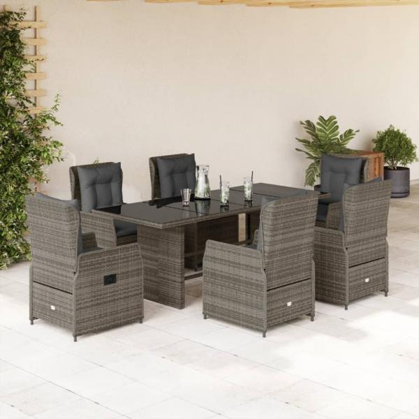 ARDEBO.de - 7-tlg. Garten-Essgruppe mit Kissen Grau Poly Rattan