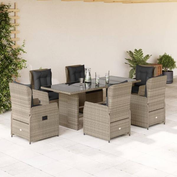 ARDEBO.de - 7-tlg. Garten-Essgruppe mit Kissen Hellgrau Poly Rattan