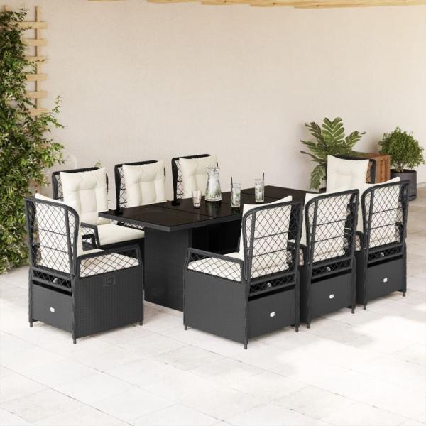 ARDEBO.de - 9-tlg. Garten-Essgruppe mit Kissen Schwarz Poly Rattan