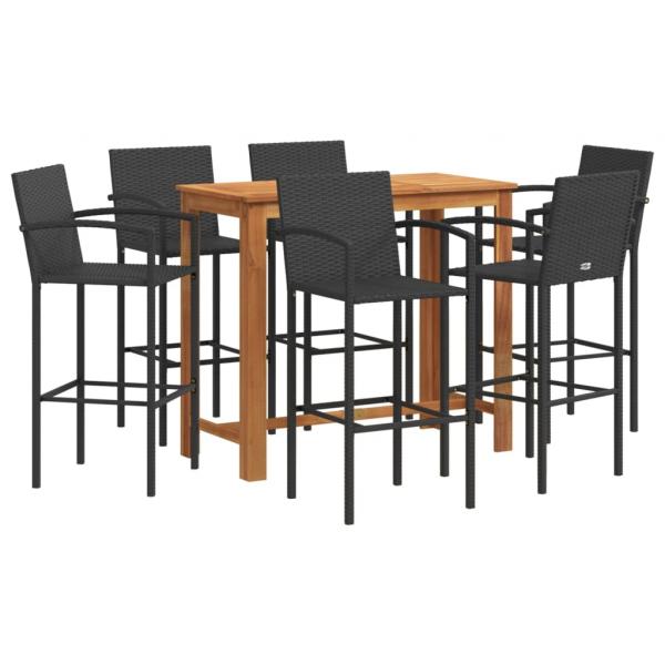 7-tlg. Gartenbar-Set Schwarz Massivholz Akazie und Poly Rattan