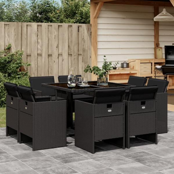 ARDEBO.de - 9-tlg. Garten-Essgruppe mit Kissen Schwarz Poly Rattan