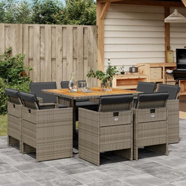 ARDEBO.de - 9-tlg. Garten-Essgruppe mit Kissen Grau Poly Rattan