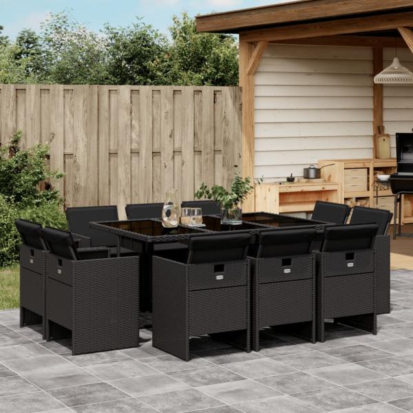 ARDEBO.de - 11-tlg. Garten-Essgruppe mit Kissen Schwarz Poly Rattan