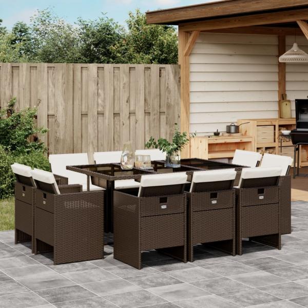 ARDEBO.de - 11-tlg. Garten-Essgruppe mit Kissen Braun Poly Rattan