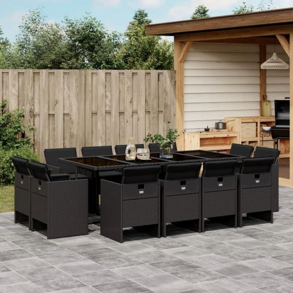 ARDEBO.de - 13-tlg. Garten-Essgruppe mit Kissen Schwarz Poly Rattan