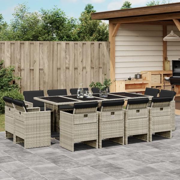 ARDEBO.de - 13-tlg. Garten-Essgruppe mit Kissen Hellgrau Poly Rattan