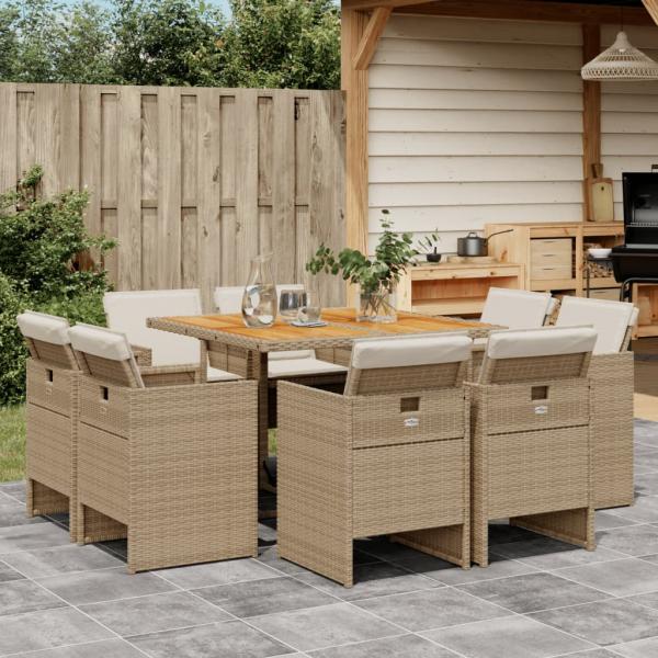 ARDEBO.de - 9-tlg. Garten-Essgruppe mit Kissen Beige Poly Rattan