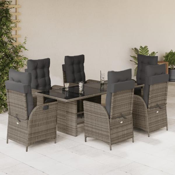 ARDEBO.de - 7-tlg. Garten-Essgruppe mit Kissen Grau Poly Rattan