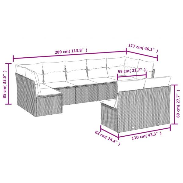 9-tlg. Garten-Sofagarnitur mit Kissen Grau Poly Rattan