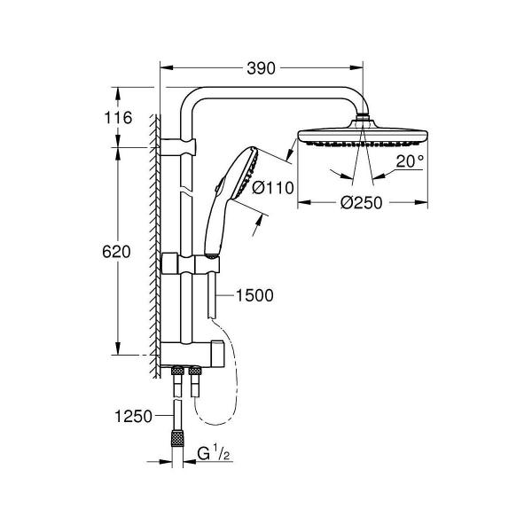 GROHE Vitalio Start System 250 Flex Duschsystem, Quickfix, Wandmontage, mit Umstellung, chrom (26680001)