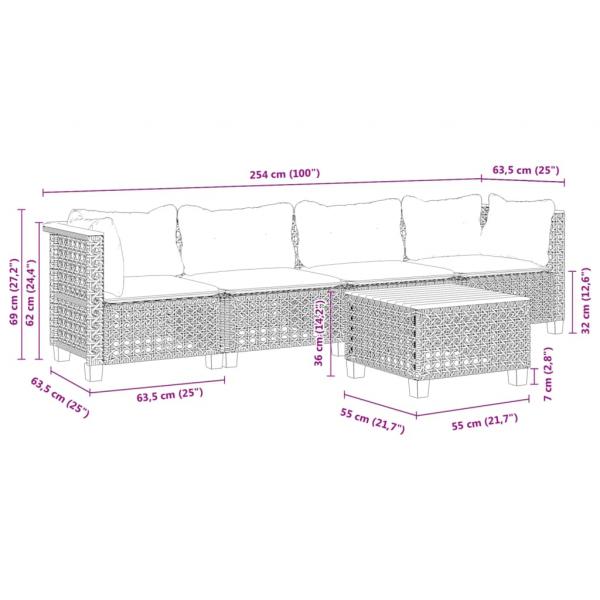 5-tlg. Garten-Sofagarnitur mit Kissen Schwarz Poly Rattan