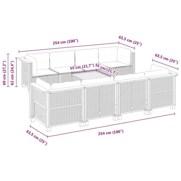 9-tlg. Garten-Sofagarnitur mit Kissen Grau Poly Rattan