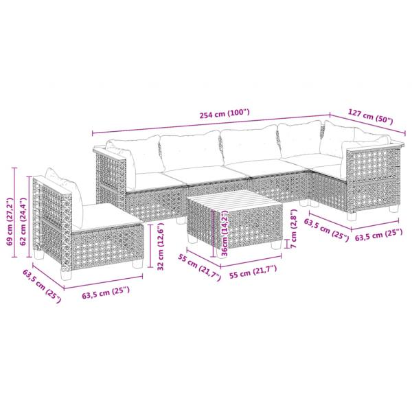 7-tlg. Garten-Sofagarnitur mit Kissen Schwarz Poly Rattan