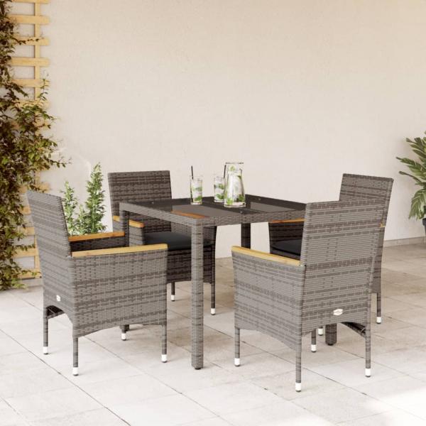 ARDEBO.de - 5-tlg. Garten-Essgruppe mit Kissen Grau Poly Rattan und Glas